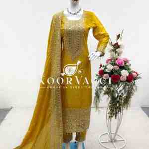 Cinon Silk Embroidered Top with Pant and Dupatta – Fully Stitched Set