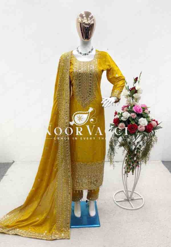 Cinon Silk Embroidered Top with Pant and Dupatta – Fully Stitched Set