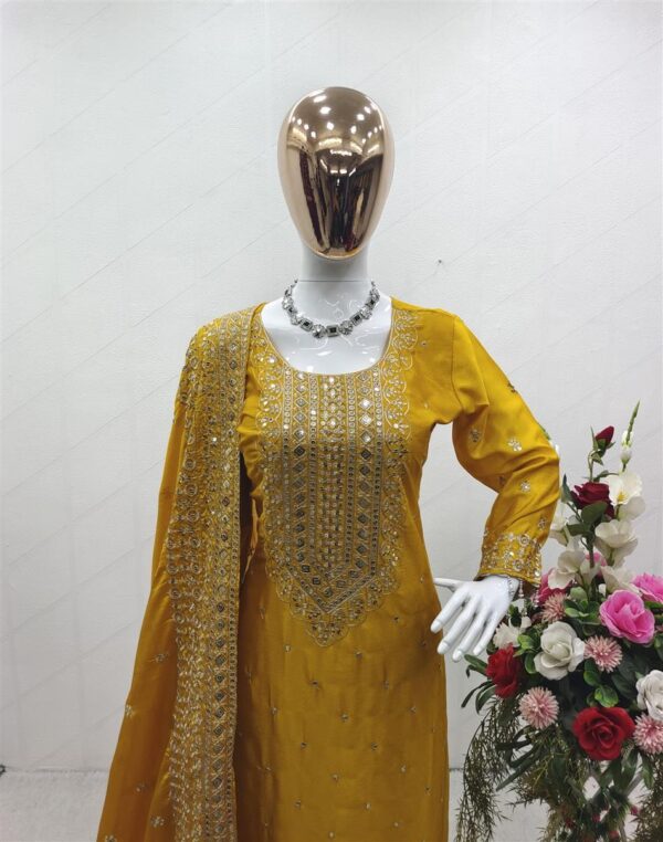 Shop Cinon Silk Embroidered Top with Pant and Dupatta – Fully Stitched Set - Image 3