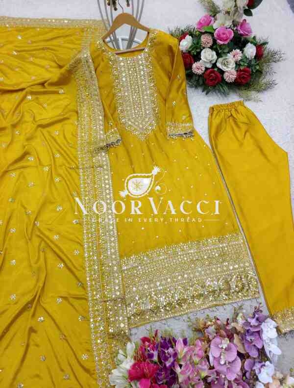 Cinon Silk Embroidered Top with Pant and Dupatta – Fully Stitched Set - Image 5