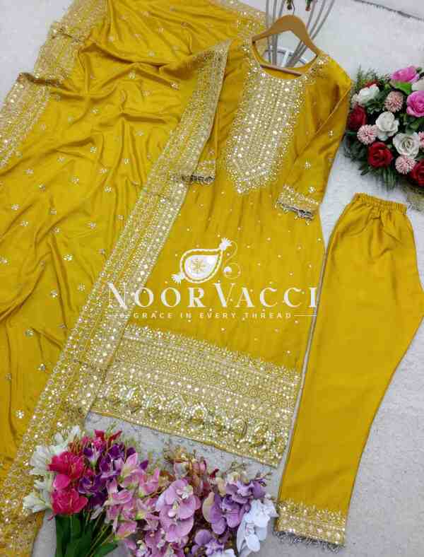 Cinon Silk Embroidered Top with Pant and Dupatta – Fully Stitched Set - Image 4