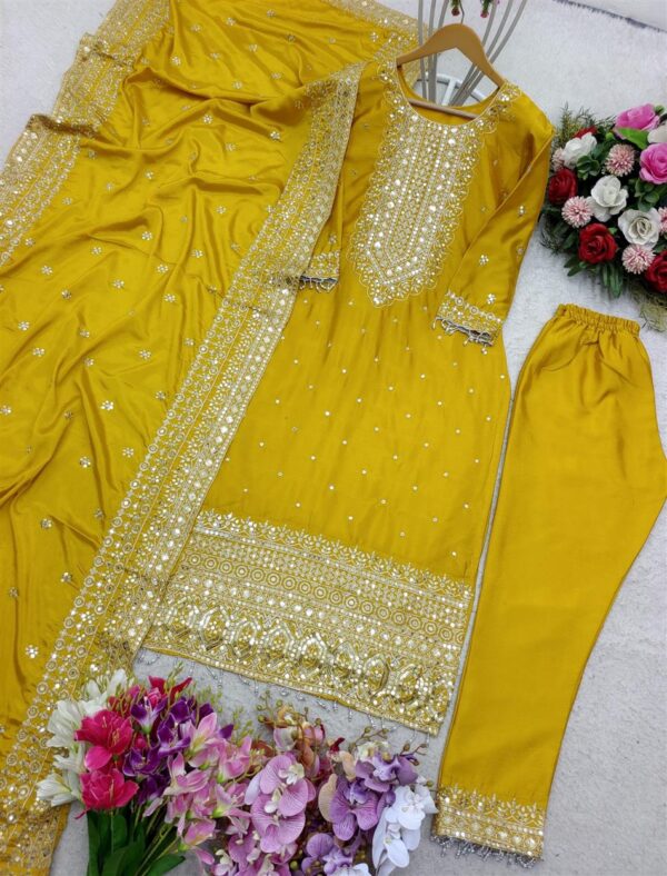 Shop Cinon Silk Embroidered Top with Pant and Dupatta – Fully Stitched Set - Image 4