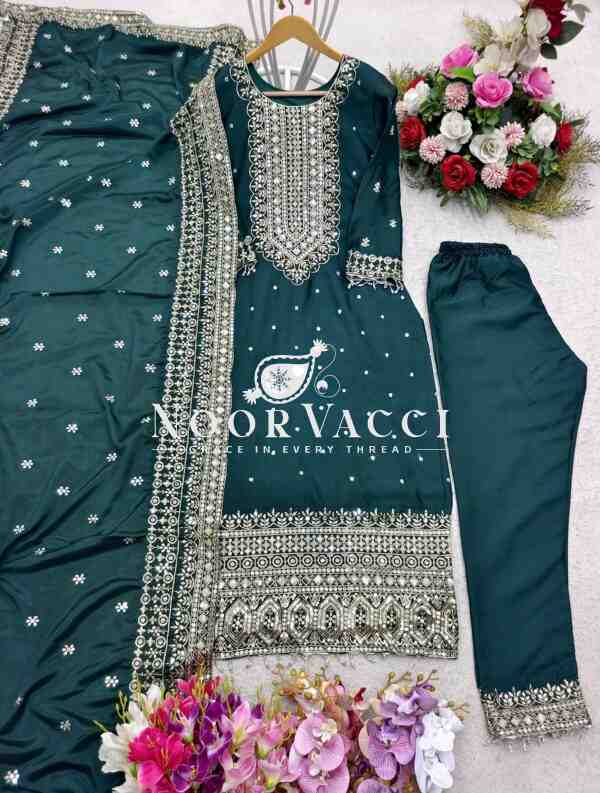 Cinon Silk Embroidered Top with Pant and Dupatta – Fully Stitched Set - Image 3