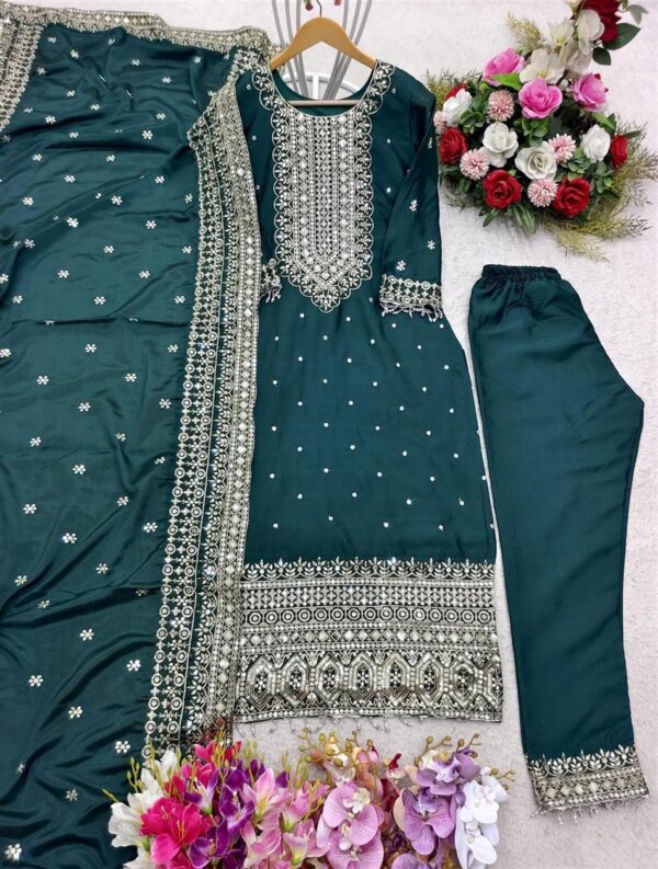 Shop Cinon Silk Embroidered Top with Pant and Dupatta – Fully Stitched Set - Image 3