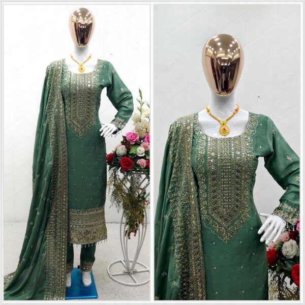 Buy Cinon Silk Embroidered Top with Pant and Dupatta – Fully Stitched Set - Image 2