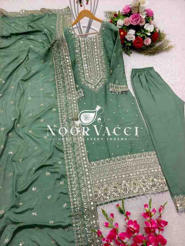 Cinon Silk Embroidered Top with Pant and Dupatta – Fully Stitched Set - Image 4