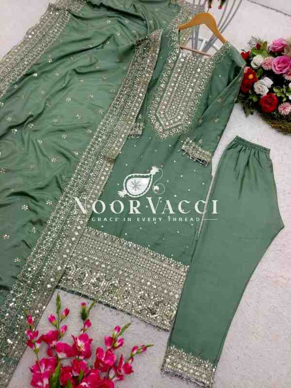 Cinon Silk Embroidered Top with Pant and Dupatta – Fully Stitched Set - Image 5