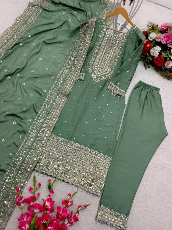 Buy Cinon Silk Embroidered Top with Pant and Dupatta – Fully Stitched Set - Image 5