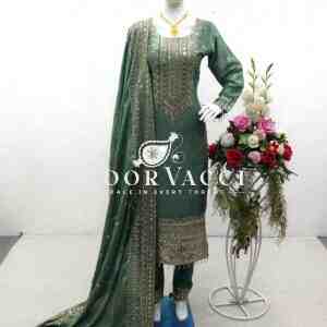 Cinon Silk Embroidered Top with Pant and Dupatta – Fully Stitched Set