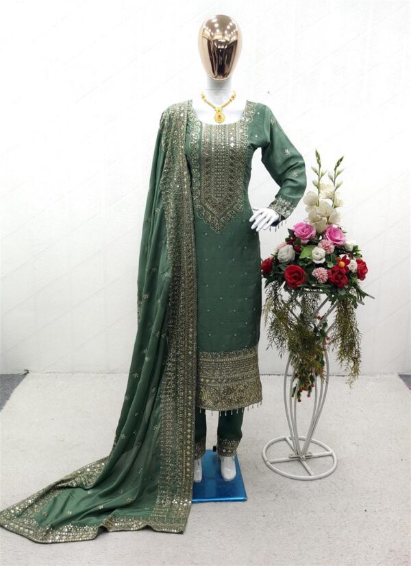 Buy Cinon Silk Embroidered Top with Pant and Dupatta – Fully Stitched Set
