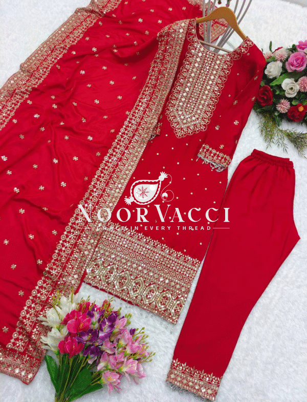 Cinon Silk Embroidered Top with Pant and Dupatta – Fully Stitched Set - Image 3