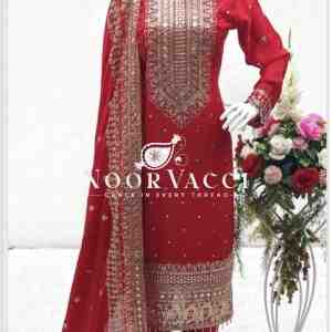 Cinon Silk Embroidered Top with Pant and Dupatta – Fully Stitched Set