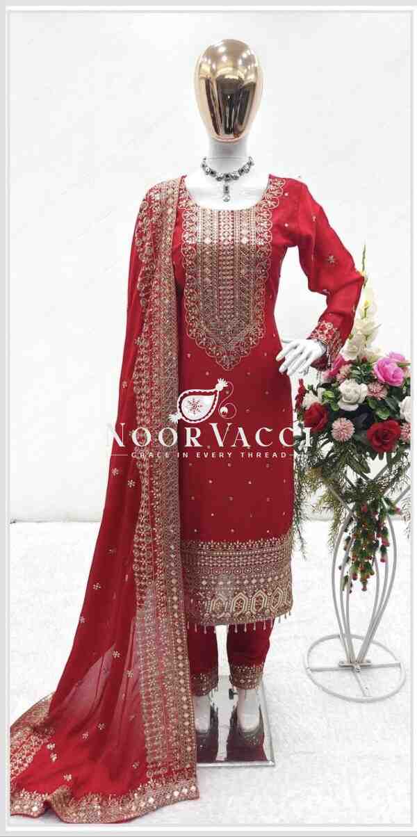 Cinon Silk Embroidered Top with Pant and Dupatta – Fully Stitched Set