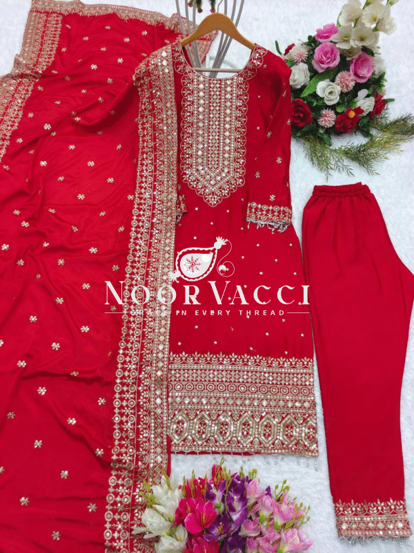Cinon Silk Embroidered Top with Pant and Dupatta – Fully Stitched Set - Image 4