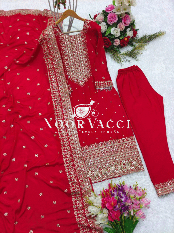 Cinon Silk Embroidered Top with Pant and Dupatta – Fully Stitched Set - Image 5