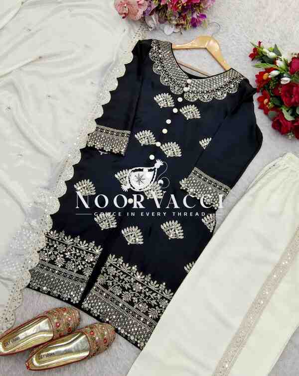 Chinon Silk Embroidered Top with Plazzo and Dupatta – Fully Stitched - Image 3