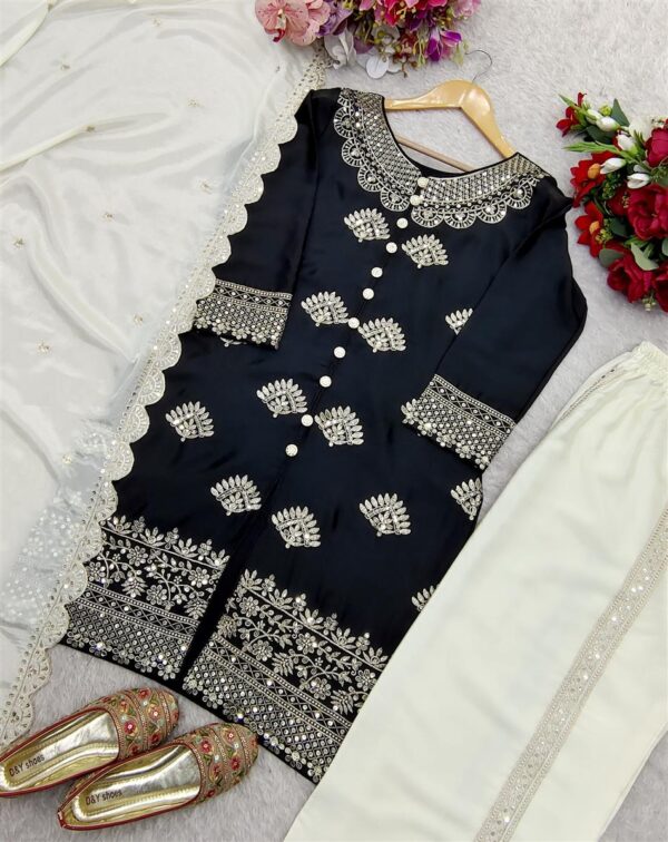 Buy Chinon Silk Embroidered Top with Plazzo and Dupatta – Fully Stitched - Image 3