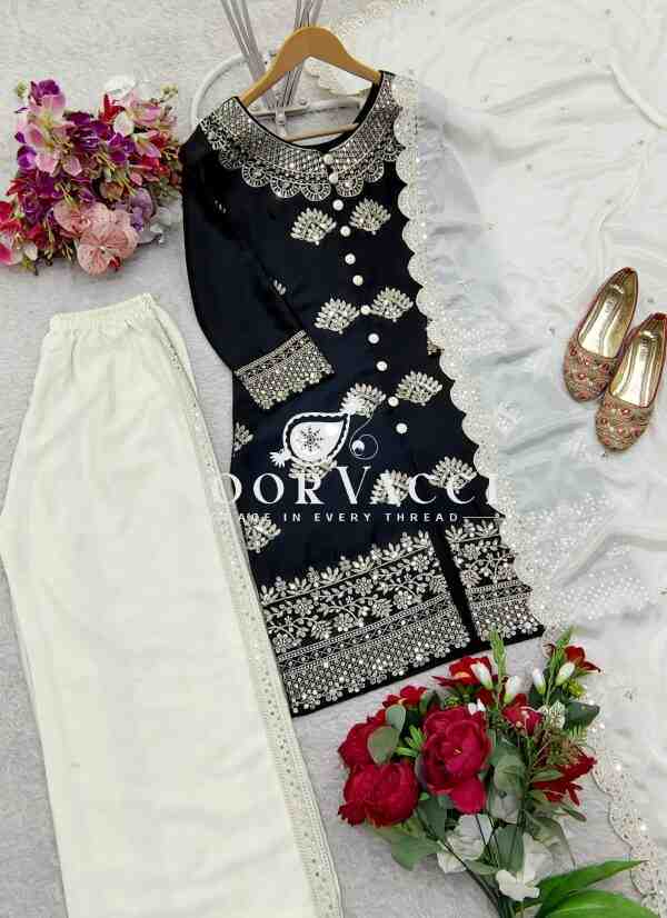 Chinon Silk Embroidered Top with Plazzo and Dupatta – Fully Stitched - Image 5