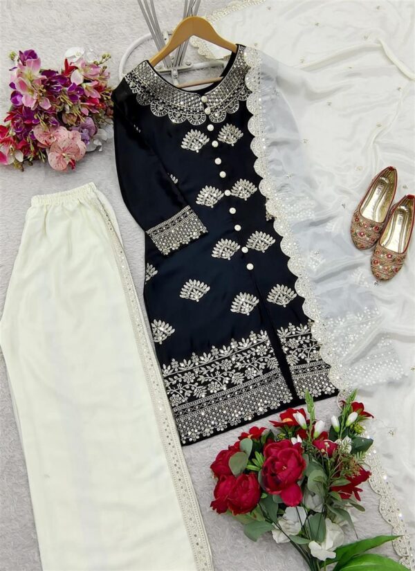 Buy Chinon Silk Embroidered Top with Plazzo and Dupatta – Fully Stitched - Image 5
