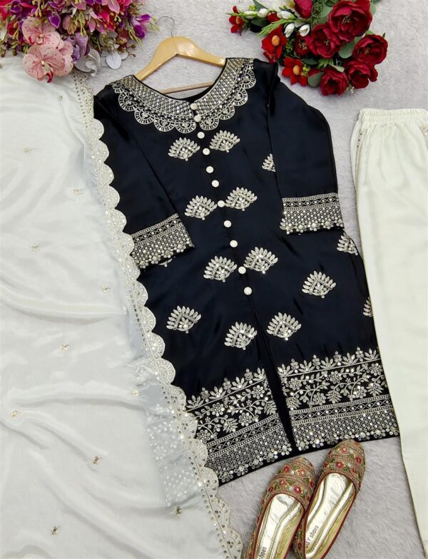 Buy Chinon Silk Embroidered Top with Plazzo and Dupatta – Fully Stitched - Image 4