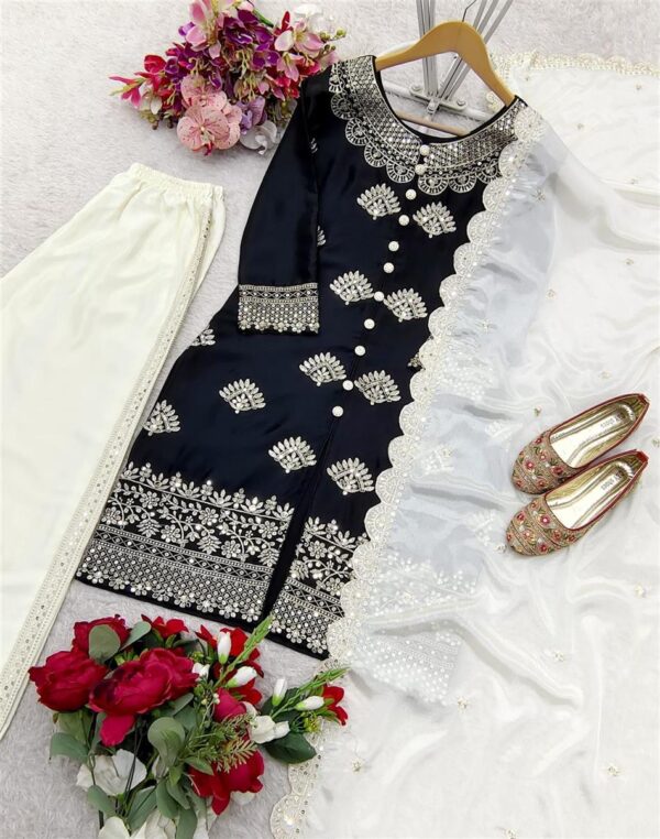 Buy Chinon Silk Embroidered Top with Plazzo and Dupatta – Fully Stitched - Image 2