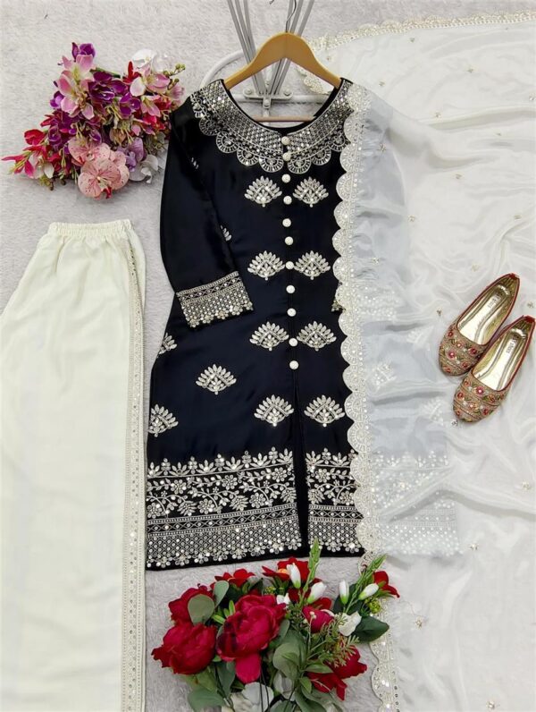 Buy Chinon Silk Embroidered Top with Plazzo and Dupatta – Fully Stitched - Image 6