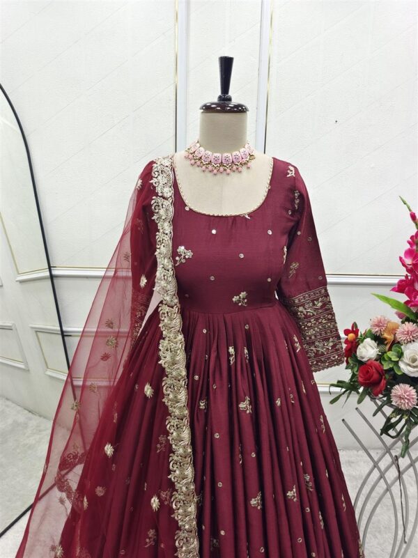 Buy Chinon Silk Embroidered Gown with Pant and Dupatta – Fully Stitched - Image 6