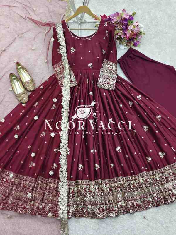 Chinon Silk Embroidered Gown with Pant and Dupatta – Fully Stitched - Image 9