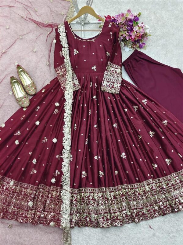 Buy Chinon Silk Embroidered Gown with Pant and Dupatta – Fully Stitched - Image 9
