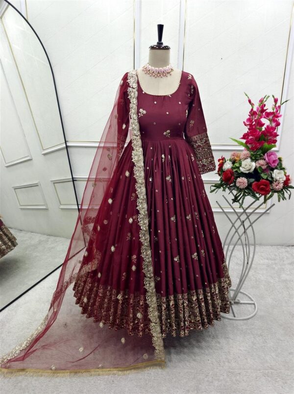 Buy Chinon Silk Embroidered Gown with Pant and Dupatta – Fully Stitched - Image 7