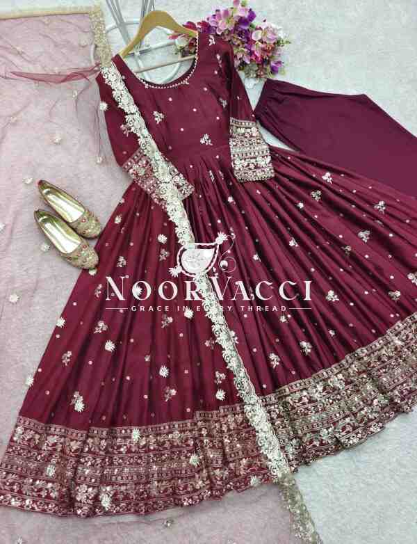Chinon Silk Embroidered Gown with Pant and Dupatta – Fully Stitched - Image 8