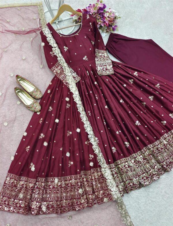 Buy Chinon Silk Embroidered Gown with Pant and Dupatta – Fully Stitched - Image 8