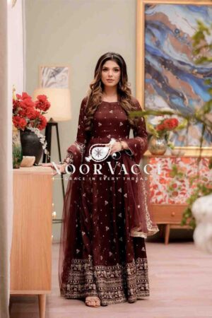 Buy Chinon Silk Embroidered Gown with Pant and Dupatta – Fully Stitched