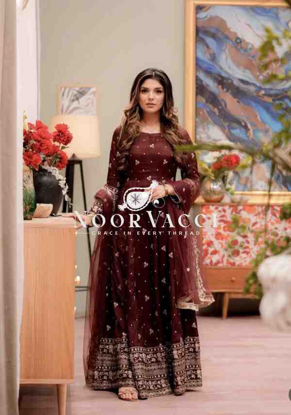 Chinon Silk Embroidered Gown with Pant and Dupatta – Fully Stitched