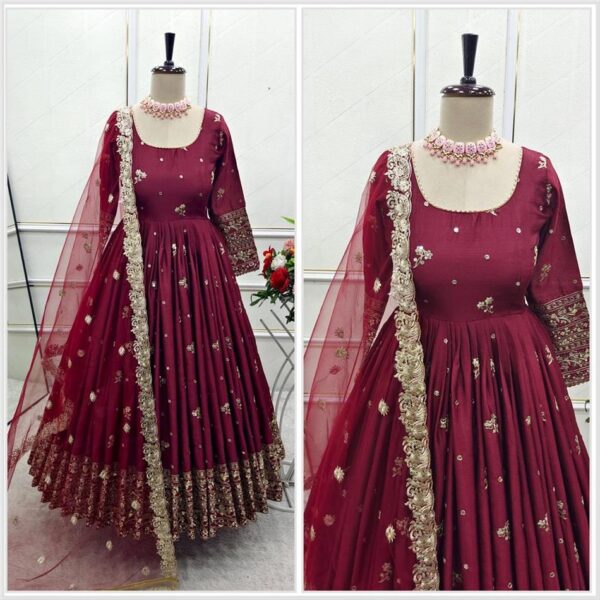 Buy Chinon Silk Embroidered Gown with Pant and Dupatta – Fully Stitched - Image 5