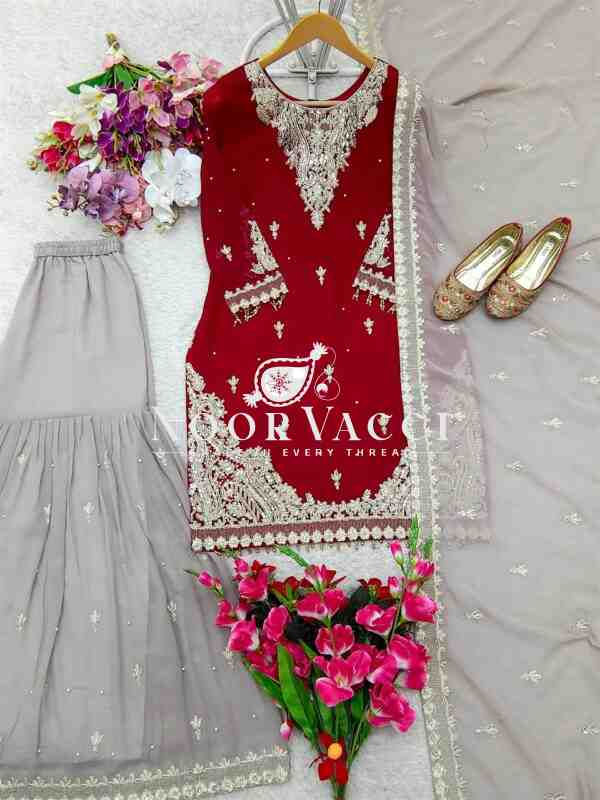 Fox Georgette Embroidered Top with Palazzo and Dupatta – Fully Stitched - Image 6