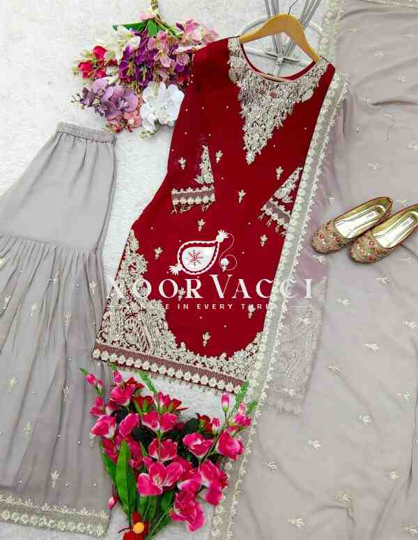 Fox Georgette Embroidered Top with Palazzo and Dupatta – Fully Stitched - Image 4