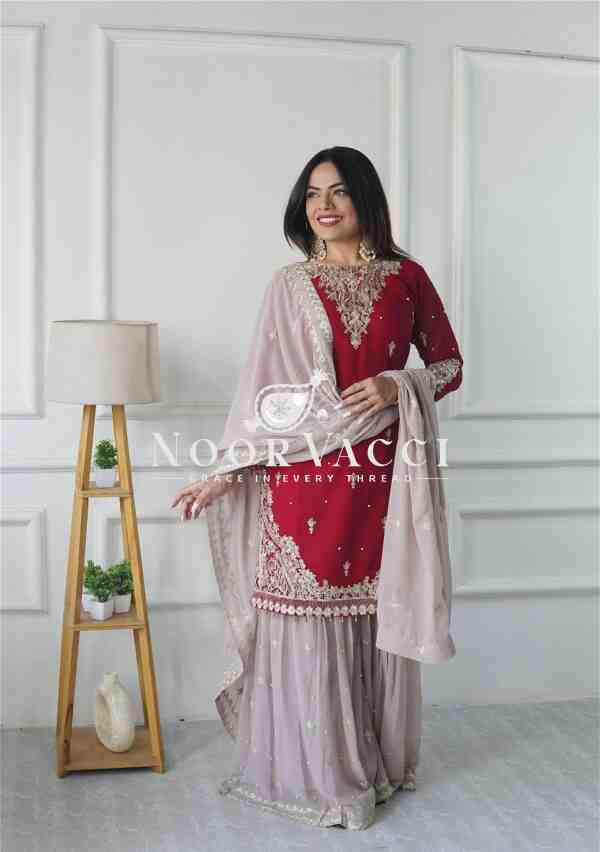 Fox Georgette Embroidered Top with Palazzo and Dupatta – Fully Stitched