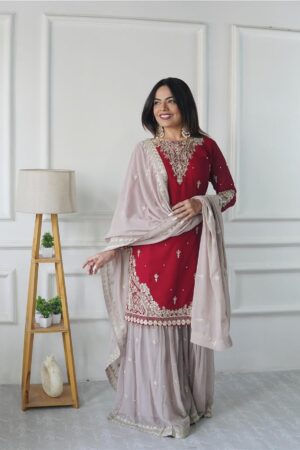 Shop Fox Georgette Embroidered Top with Palazzo and Dupatta – Fully Stitched