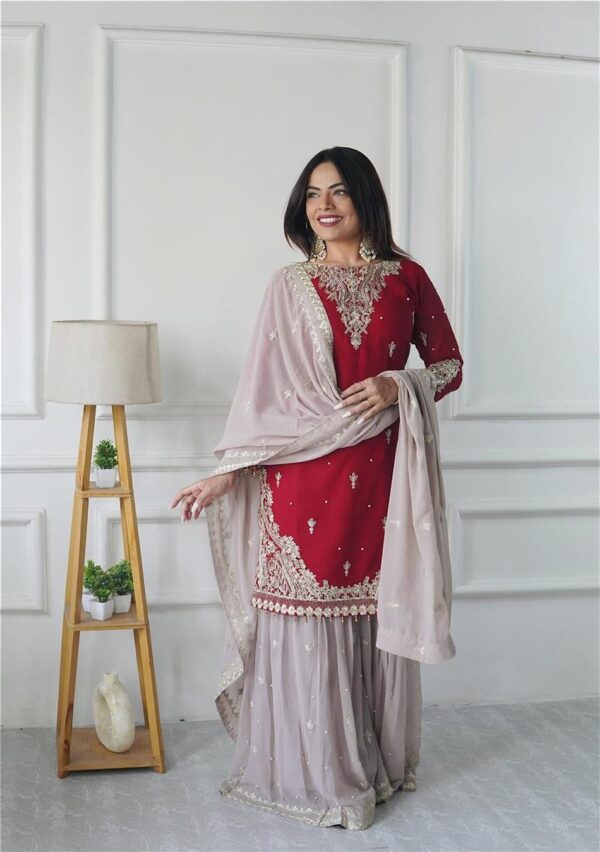 Shop Fox Georgette Embroidered Top with Palazzo and Dupatta – Fully Stitched