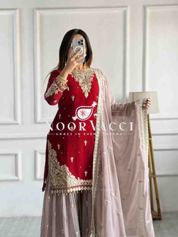 Fox Georgette Embroidered Top with Palazzo and Dupatta – Fully Stitched - Image 2