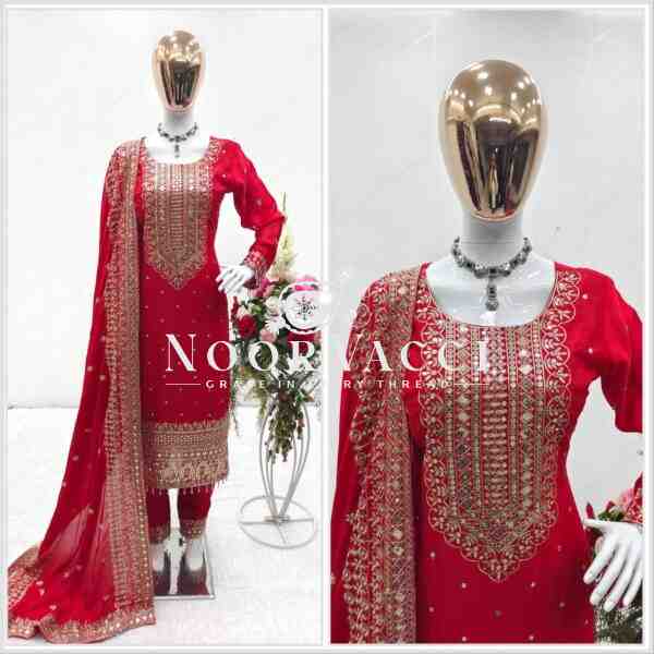 Cinon Silk Embroidered Top with Pant and Dupatta – Fully Stitched Set - Image 2