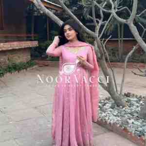 Fox Georgette Embroidered Gown with Pant and Dupatta – Fully Stitched Set