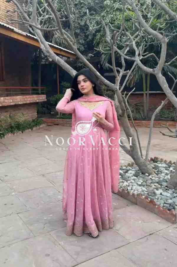 Fox Georgette Embroidered Gown with Pant and Dupatta – Fully Stitched Set