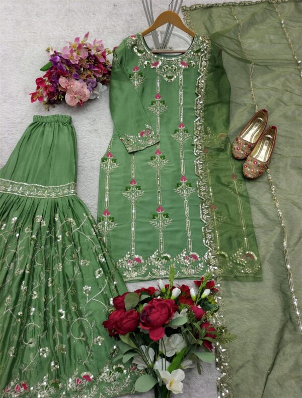 Shop Cinon Silk Embroidered Top with Sharara and Dupatta – Fully Stitched Set - Image 2