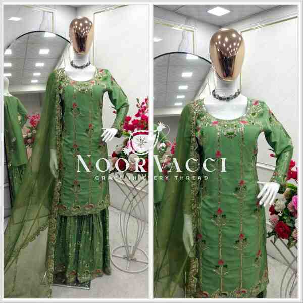 Cinon Silk Embroidered Top with Sharara and Dupatta – Fully Stitched Set