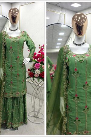 Shop Cinon Silk Embroidered Top with Sharara and Dupatta – Fully Stitched Set