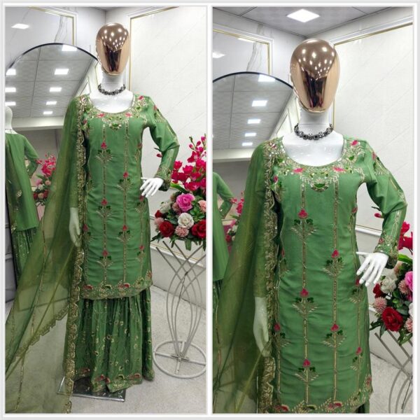 Shop Cinon Silk Embroidered Top with Sharara and Dupatta – Fully Stitched Set