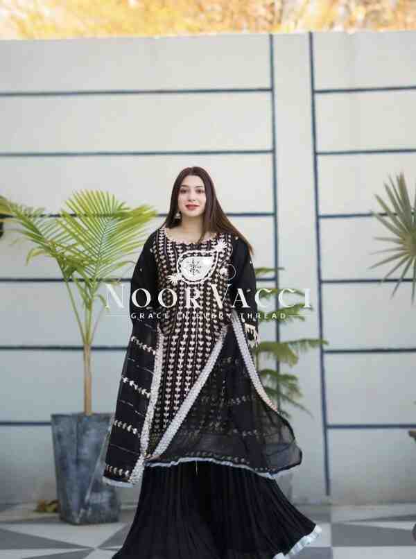 Fox Georgette Embroidered Top with Sharara and Dupatta – Fully Stitched Set