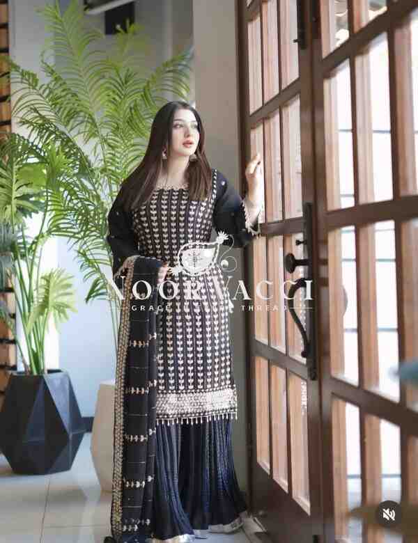 Fox Georgette Embroidered Top with Sharara and Dupatta – Fully Stitched Set - Image 2